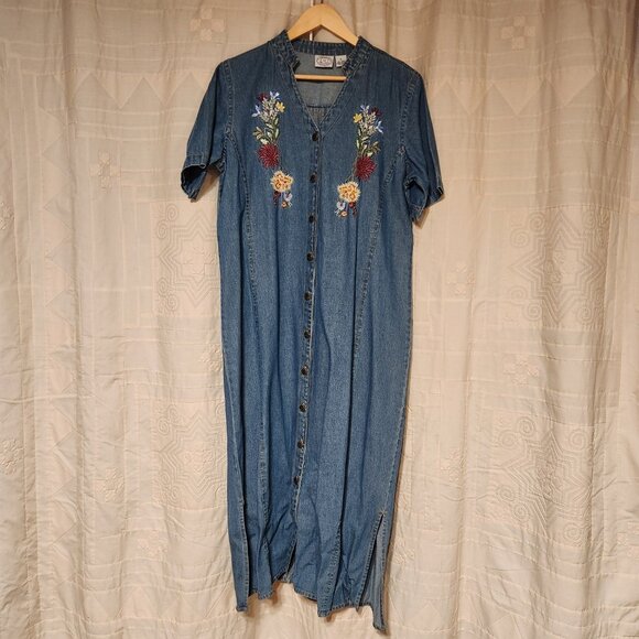 🌼 Vtg Carolina Blues Embroidered Denim Midi Dress 16 🌼 - Picture 2 of 4